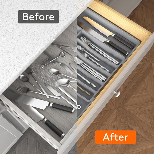 Lifewit Expandable Silverware Drawer Organizer - BPA Free Utensil Tray for Kitchen | Adjustable Gray 33-57 x 42cm