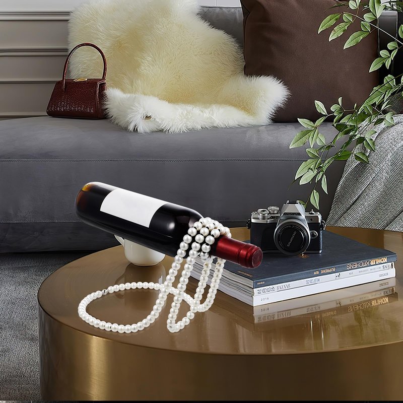 BESPORTBLE Artificial Pearl Necklace Floating Wine Rack, Metal Wine Bottle Holder Novelty Single Wine Bottle Stand for Bar and Home Decoration