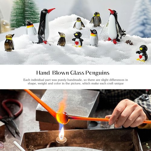 HDCRYSTALGIFTS Blown Glass Penguin Figurines Set - Handmade Miniature Ocean Animal Sculptures
