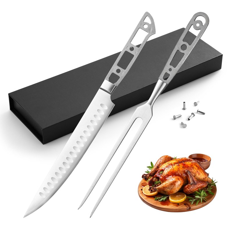 KATSURA Woodworking Project Kit – BBQ Carving Set Blank – 8 inch Slicer & 6 Inch Fork – Stainless Steel – Perfect for Woodworkers, Crafters – Includes a Handcrafted Gift box – NO LOGO