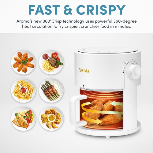 AROMA® Glass Air Fryer and Countertop Convection Oven with Powerful 360Crispy™ Technology (3 Quart), White