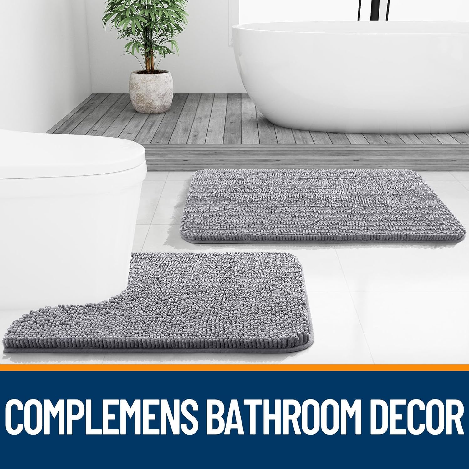 OLANLY Bath Mats Set - Soft Absorbent Chenille Rugs | Non-Slip, Quick Dry, Machine Washable (Grey, 30"x20"+24"x16")