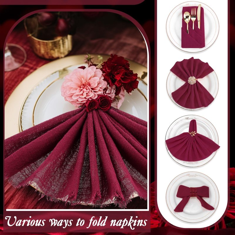 Buryeah 48 Pcs Cotton Linen Cloth Napkins with Fringe 16.5 x 16.5 Inch Square Rustic Dinner Linen Napkins Bulk for Wedding Party Banquet Dinner (Wine Red)
