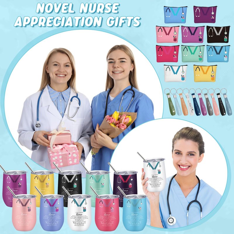 Ziliny 30 Pcs Nurses Week Gifts Bulk 2026 Nursing Makeup Bags for Work Nurse Appreciation Gifts 12 oz Wine Tumbler, Makeup Bag, Keychain