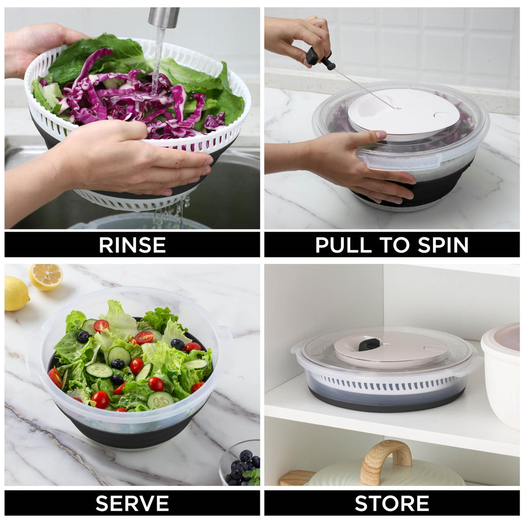 COOK WITH COLOR Collapsible Salad Spinner - 4 QT Space Saving Lettuce Dryer with Folding Collapsible Colander Great for Washing and Drying Fruit and Vegetables (Black)