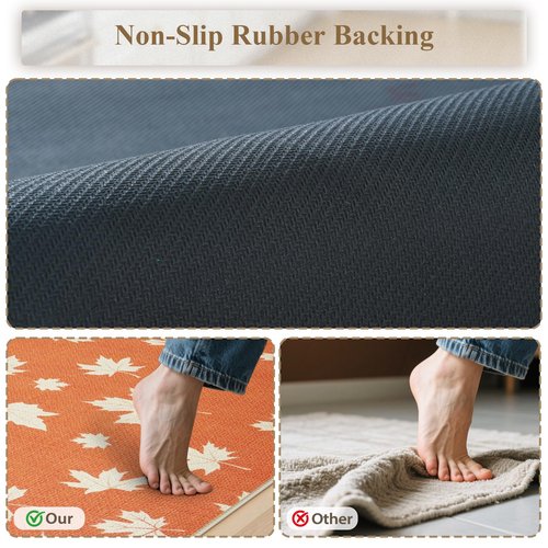 KIMODE Fall Kitchen Rugs Non Slip Washable 17"x47"+17"x29", Orange Farmhouse Kitchen Rugs Sets of 2, Halloween Rugs for Kitchen Floor, Flowers Grass Kitchen Mats for Floor Laundry Office Sink Desk