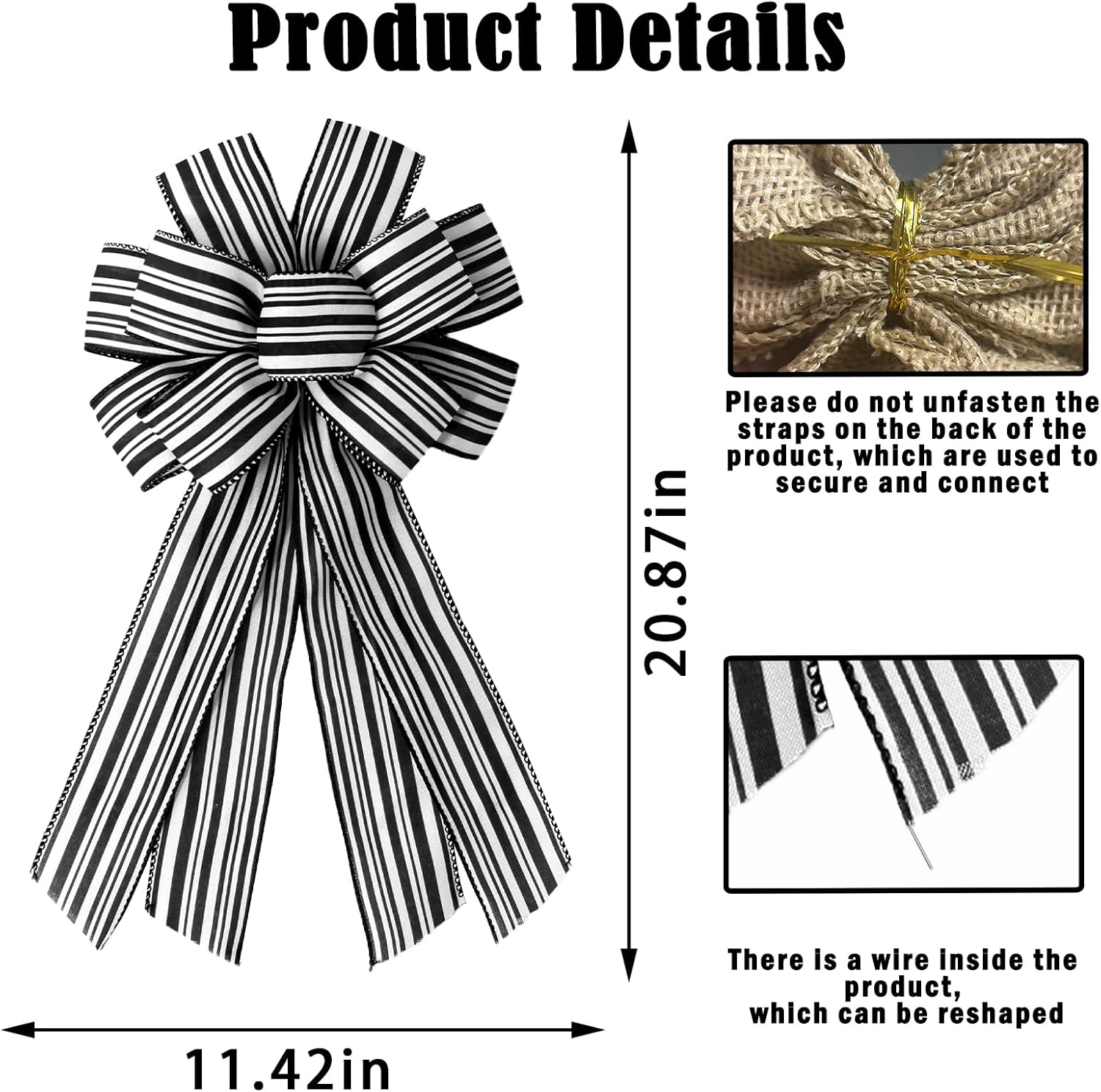 Regine Switzerland Christmas Wreath Bows - White & Black Striped Burlap Ribbon Bowknot for Holiday Decor