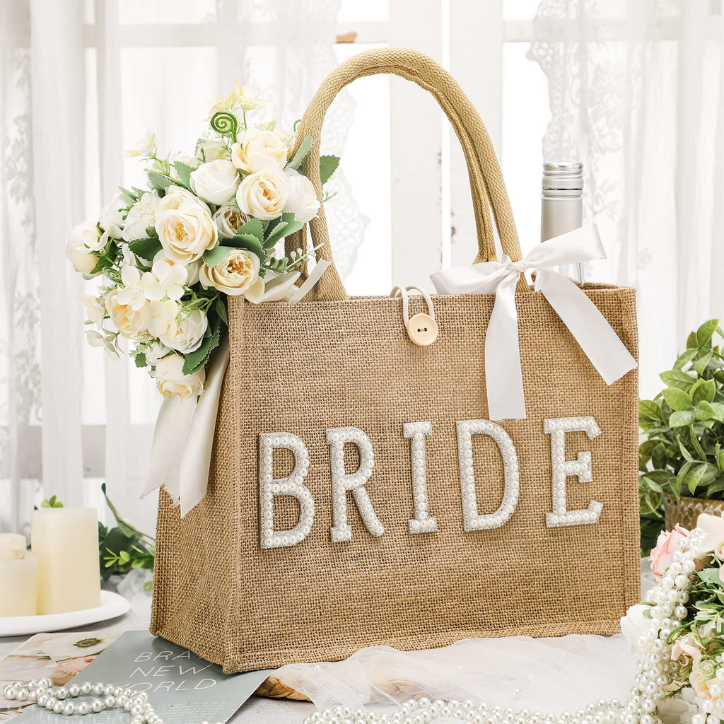 Silkfly Wedding Bride Bag Natural Jute Tote with Ribbon Bride Gift Bag with Handle for Shower(Silver Edges,Bride)