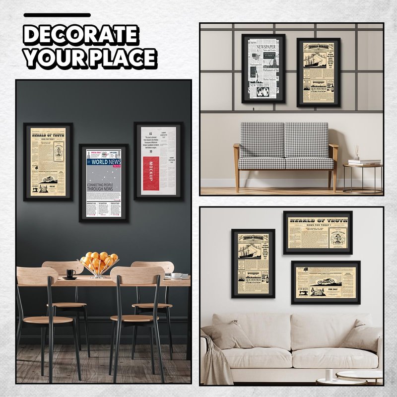 DoubleFill 14x24 Newspaper Frame with Mat, Displays 11x22 Newspaper, Wall Hanging Picture Poster Frame for Media Article Document(Black Mat,6 Pcs)