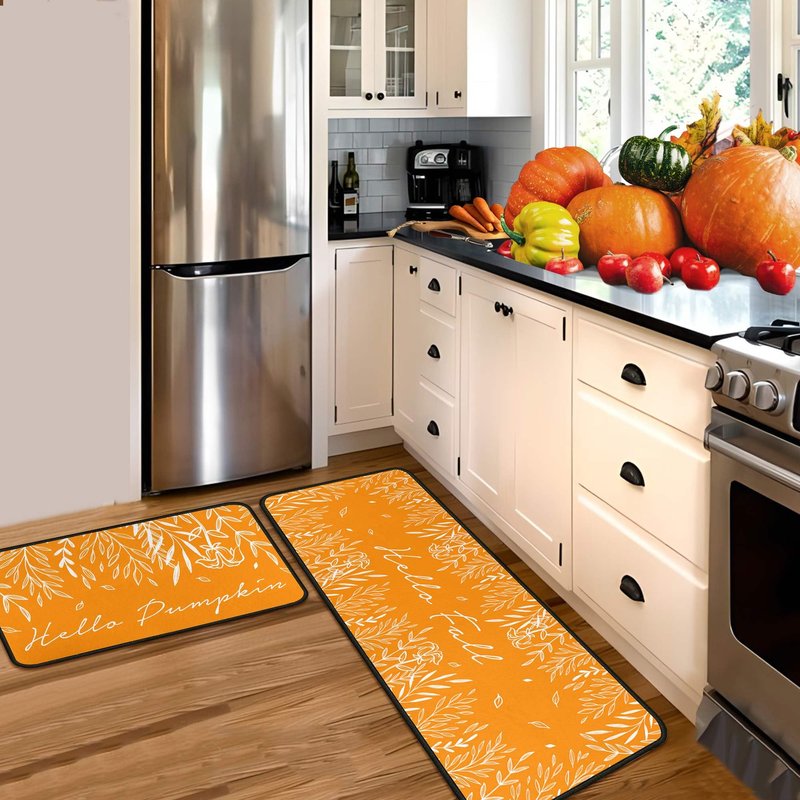 Putware Fall Kitchen Rugs and Mats Set of 2, Fall Decorations for Home Non Slip Backing Thanksgiving Kitchen Rug Seasonal Farmhouse Holiday Autumn Decor Kitchen Floor Mat 17"X47"+17"X30"