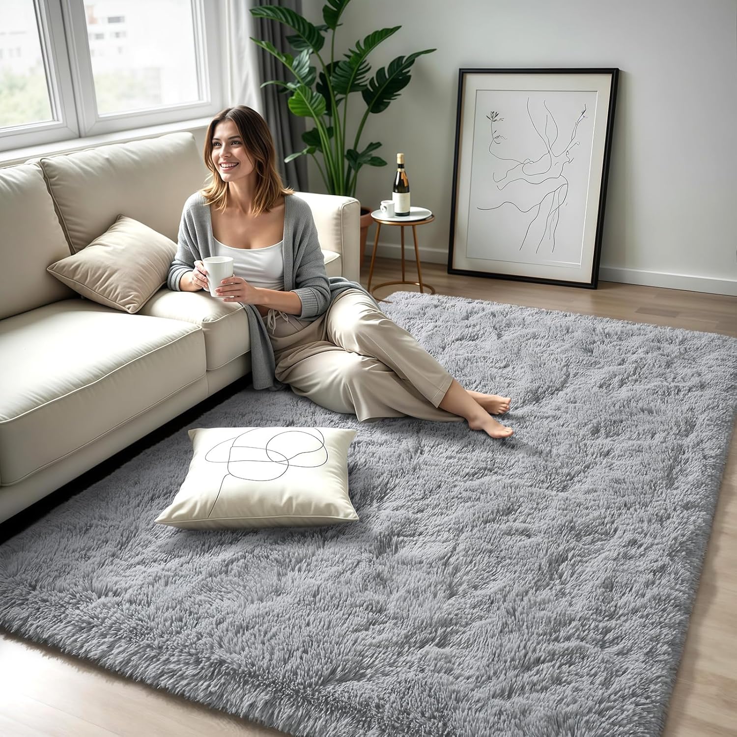 Zentavio Area Rugs - Soft Fluffy Grey Shag Carpet for Living Room & Bedroom | 4x6 Plush Design