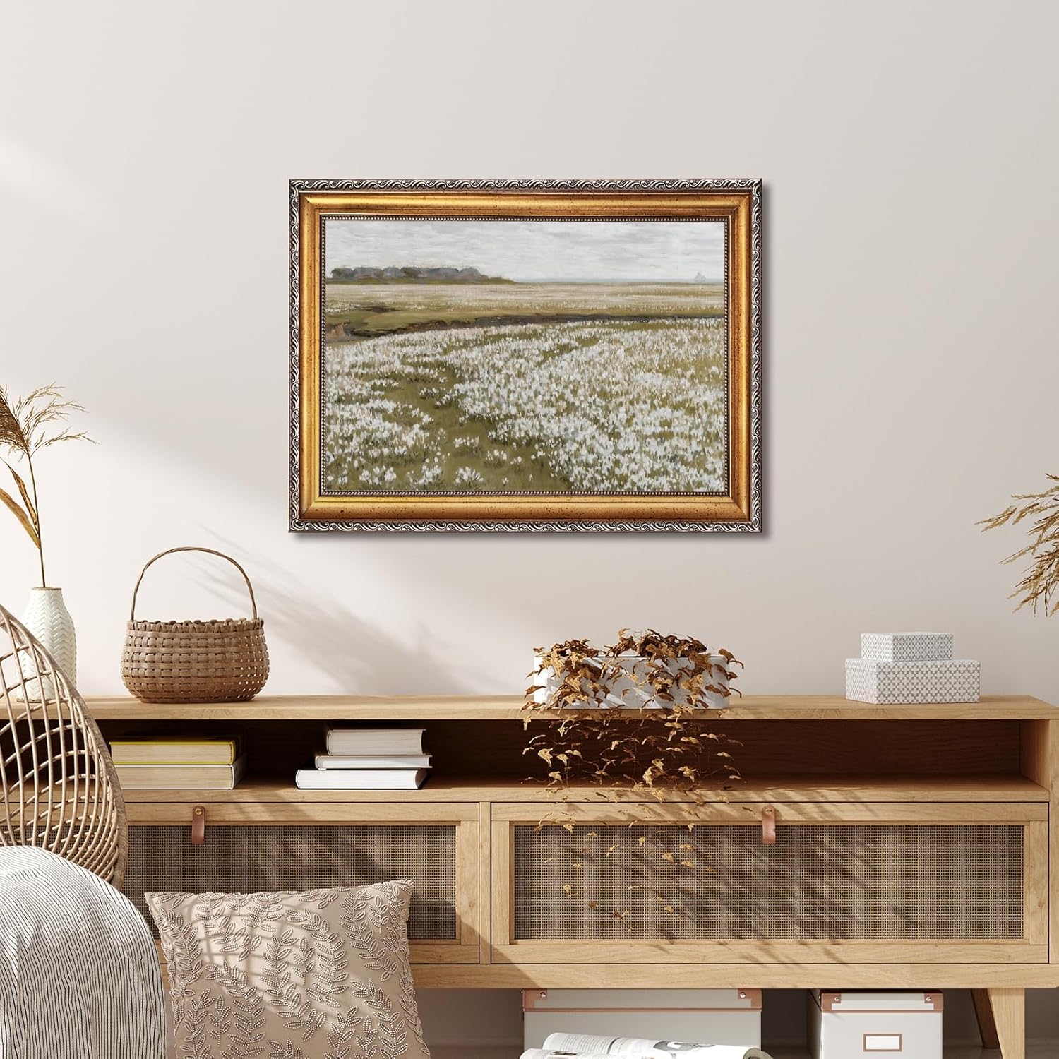 Skiennix Vintage Spring Meadow Poster - Wildflower Canvas Wall Art for Living Room | 24x36 Inch with Golden Frame