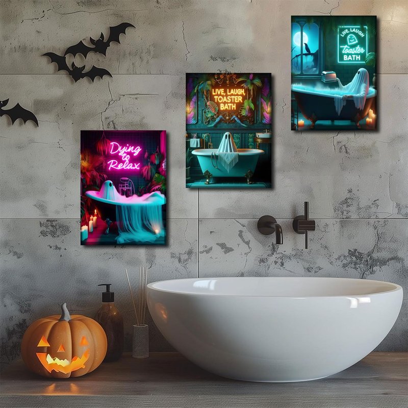 3 Pcs Framed Halloween Ghost Neon Bathroom Canvas Wall Art Neon Sign Dying To Relax Wall Decor Pictures Funny Gothic Ghost Toaster Posters Prints for Restroom Dark Humor indie room Home Decortion