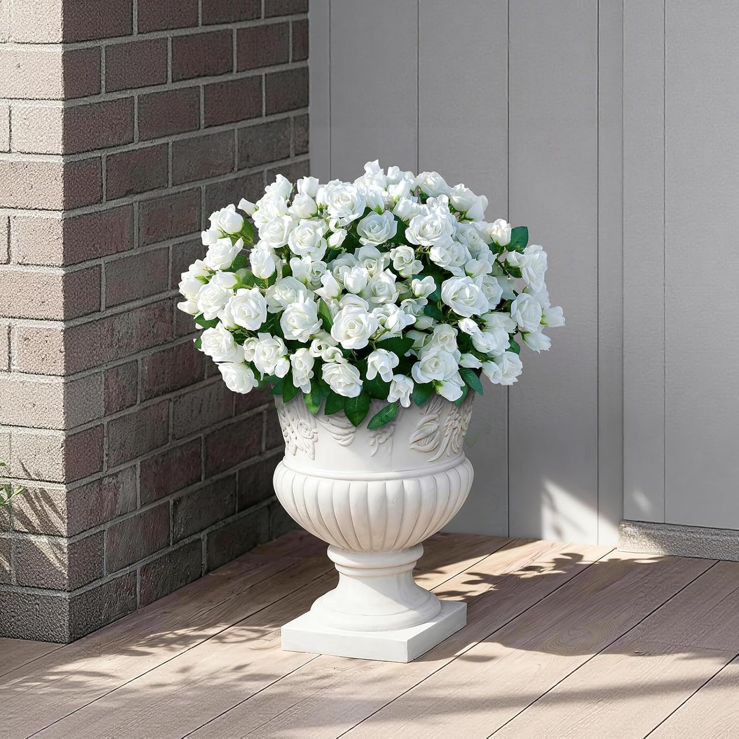 Skiennix Artificial Roses - Realistic Faux Silk Bouquets for Outdoor Decor | 8 Bundles in White