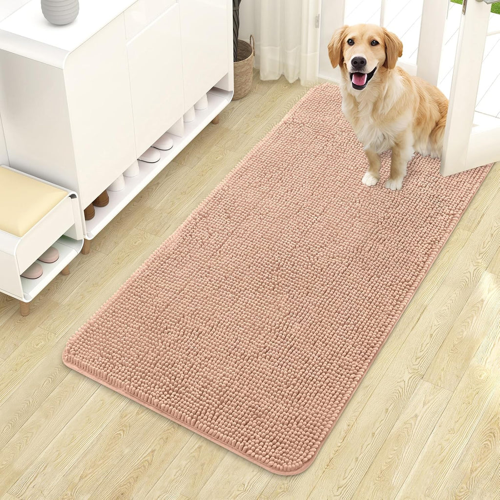 OLANLY Dog Door Mat - Absorbent Non-Slip Chenille Mat for Muddy Paws | 44x24 Inches, Quick Dry, Peach