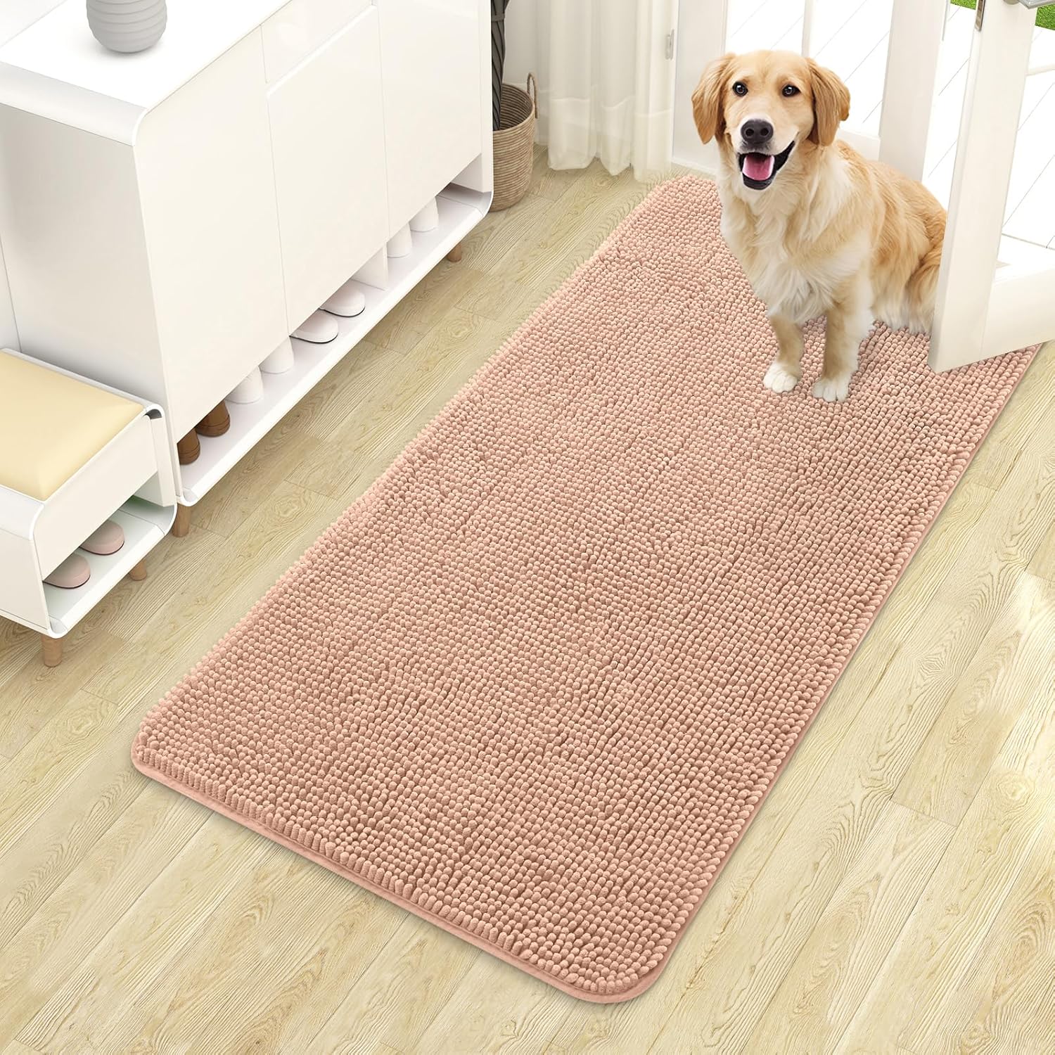 OLANLY Dog Door Mat - Absorbent Non-Slip Chenille Mat for Muddy Paws | 44x24 Inches, Quick Dry, Peach