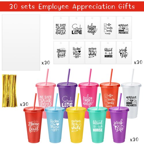 Funnymoom 30 Sets Nurse Appreciation Gifts Bulk, 24 oz Tumblers with Lids and Straws, Thank You Plastic Cups with Cards and Bags for Nurse Staff Holiday Party Favors(Elegant,Bright Colors)