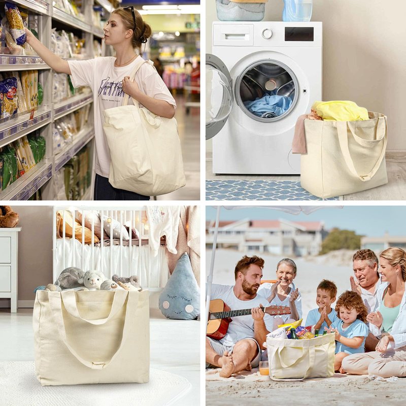 VitaSerena Canvas Grocery Bags with Dual Handles(3pc XL), Large Reusable Shopping Bags for Groceries, Inner Pockets, Washable, Shrink Resistant, Heavy Duty, Foldable
