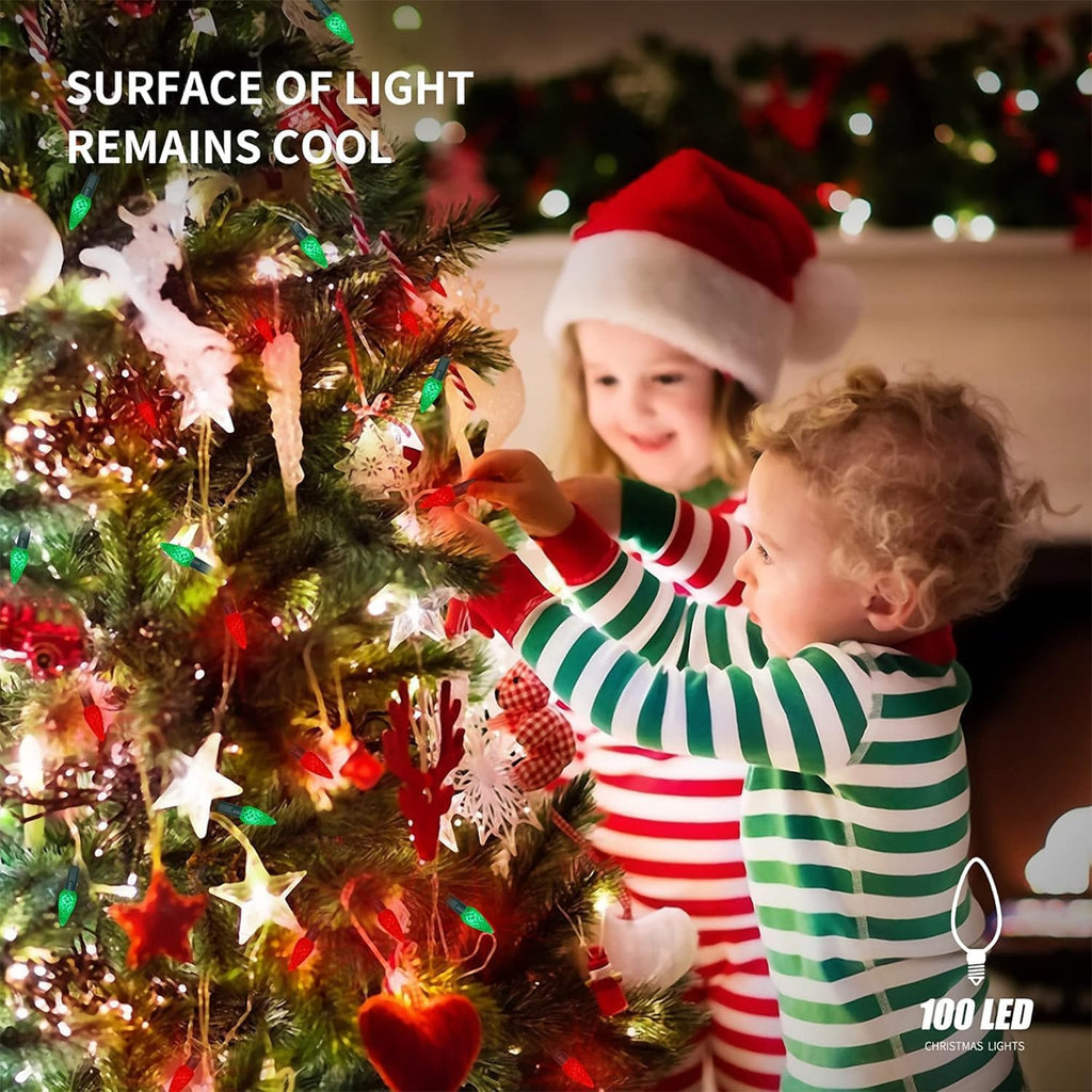 Waterglide C6 Christmas Lights - 33ft 100 LED Faceted String Lights | Waterproof Indoor/Outdoor Decor, Red & Green