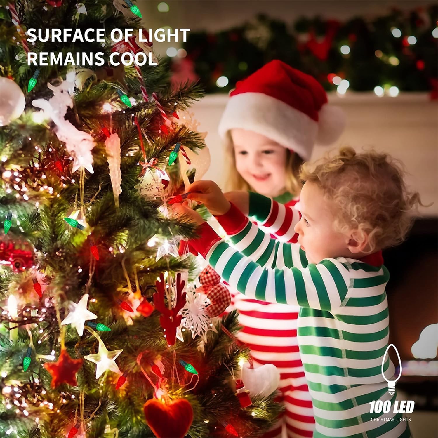 Waterglide C6 Christmas Lights - 33ft 100 LED Faceted String Lights | Waterproof Indoor/Outdoor Decor, Red & Green