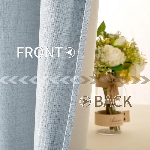 MIULEE 90-Inch Linen Textured Curtains - 100% Blackout Thermal Insulated Chambray Blue | Luxury Room Darkening Drapes (2 Panels)