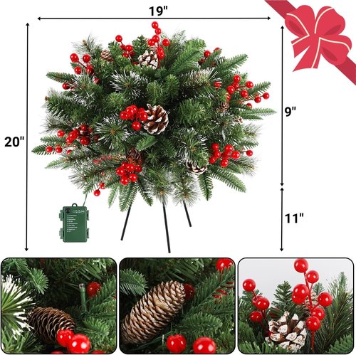 Juegoal Pre-Lit Christmas Tree Urn Filler - Lighted Artificial Pine Trees with 8 Modes & Timer | Battery Powered Holiday Decor