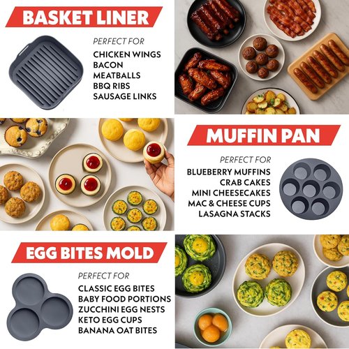 Gourmia Air Fryer Accessories Set - 3-Piece Silicone Liner & Egg Bite Cooker | BPA-Free, Heat Resistant, Dishwasher Safe