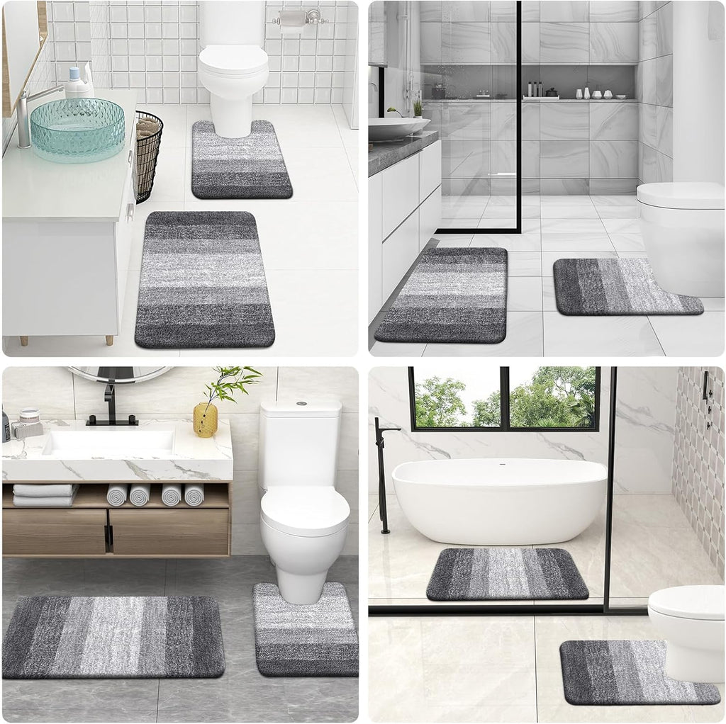 OLANLY 3-Piece Bathroom Rug Set - Soft Absorbent Microfiber Mats & U-Shaped Contour Rug | Plush Grey (30"x20"+24"x16"+24"x20")