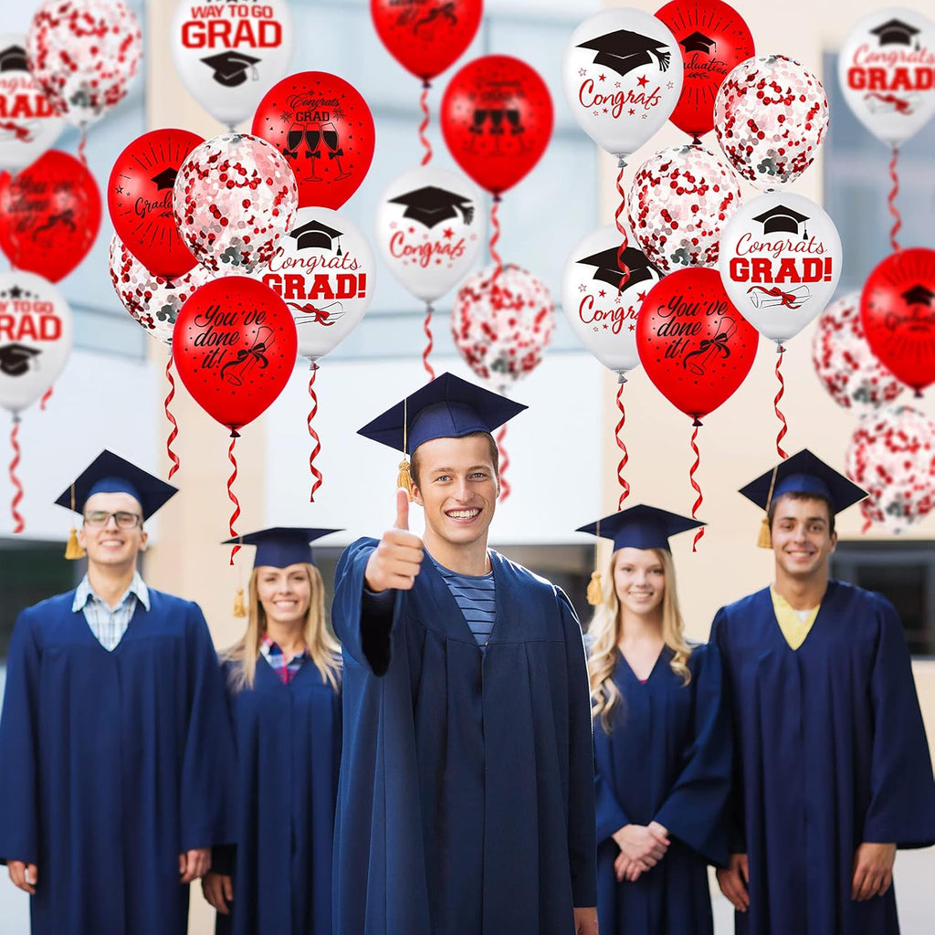 Whaline Graduation Party Balloons Set - 60 Pcs Confetti Latex Balloons with Red Ribbon | Red & White Designs