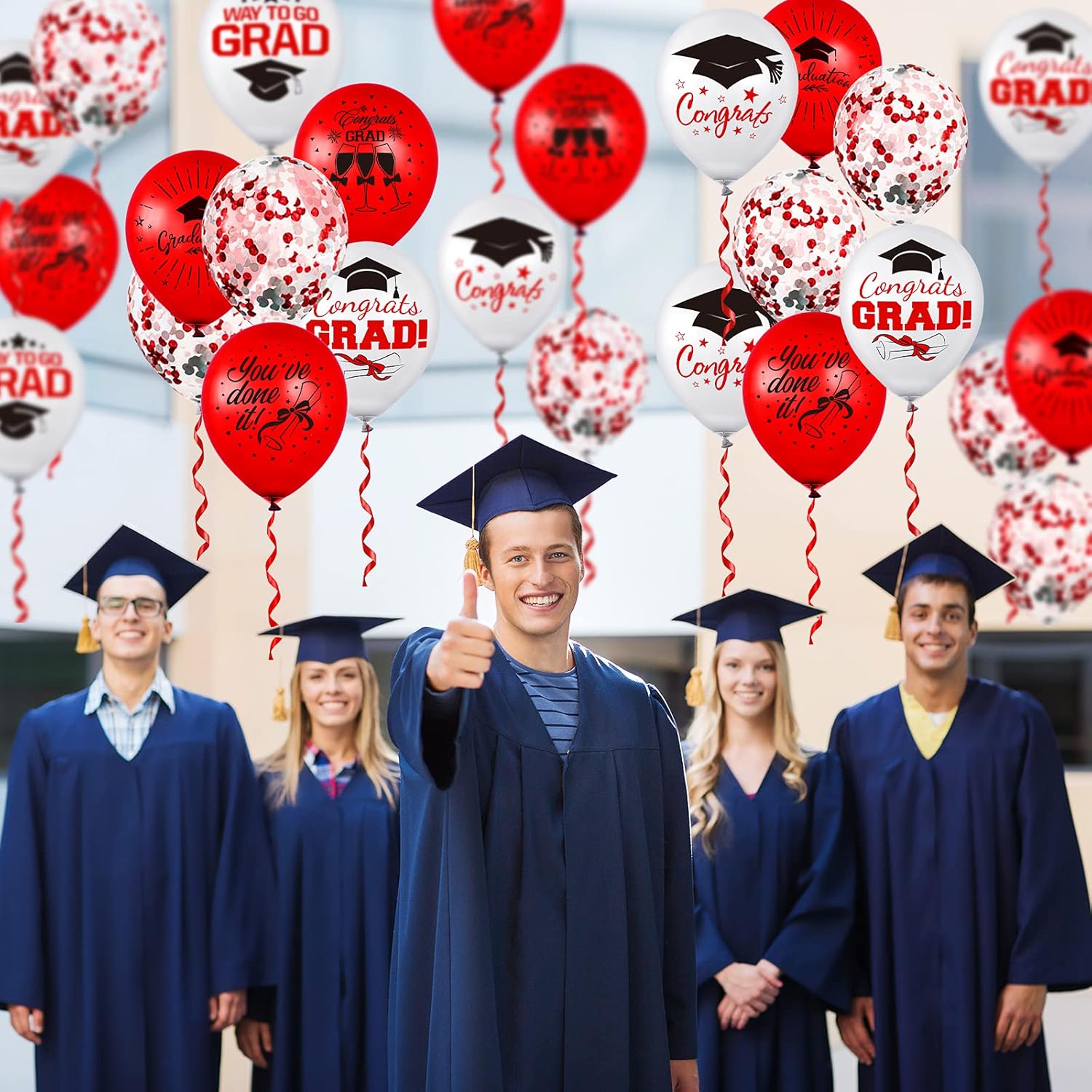 Whaline Graduation Party Balloons Set - 60 Pcs Confetti Latex Balloons with Red Ribbon | Red & White Designs