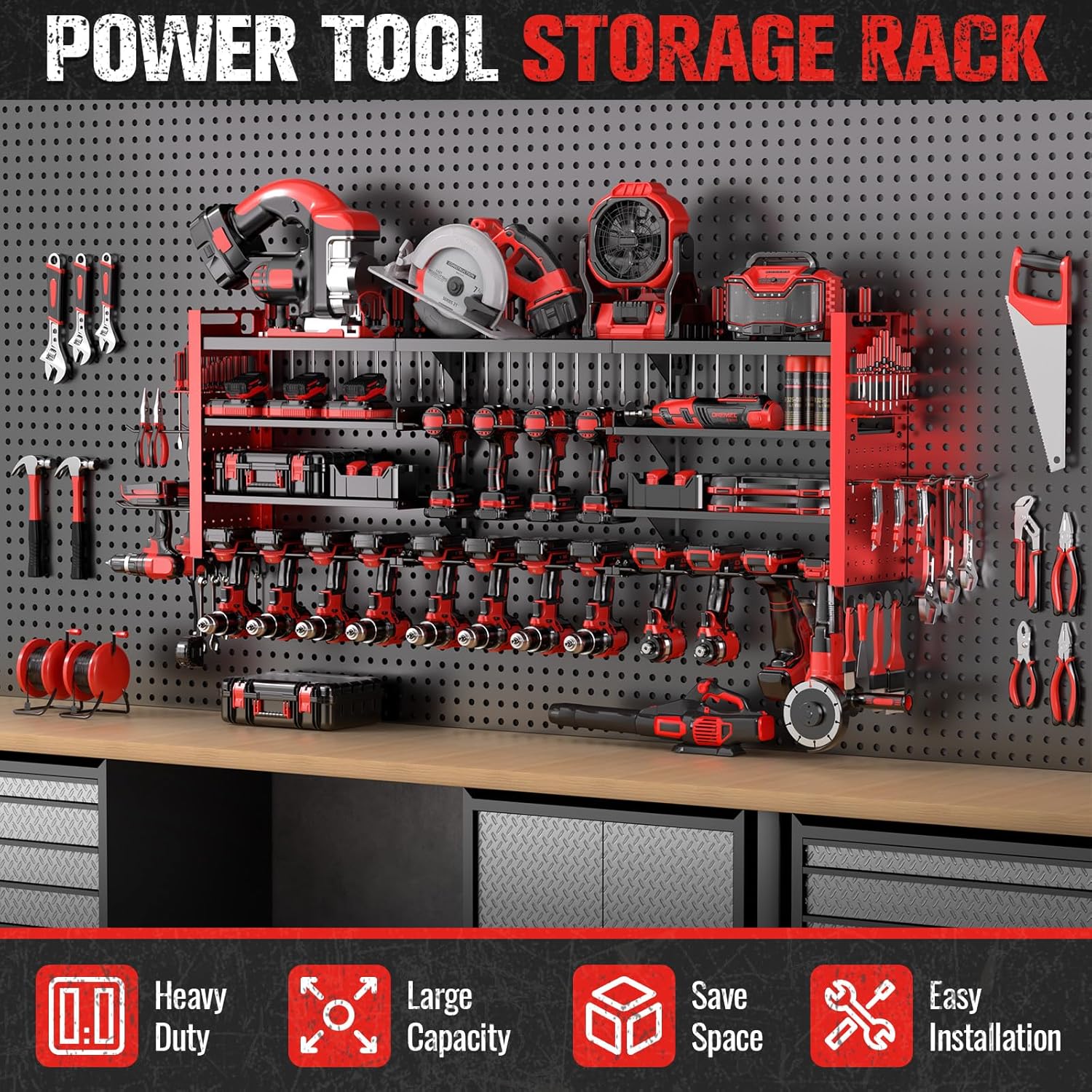 Super Large Power Tool Organizer - 4-Layer Heavy Duty Wall Mount with 18 Cordless Drill Holders | 600 lb Capacity (Red)