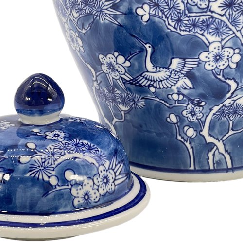 Galt International Blue & White Floral Crane Chinoiserie Jar 12" w/Lid - Ginger Jar, Tea Storage, Decorative, Home Decor Jar