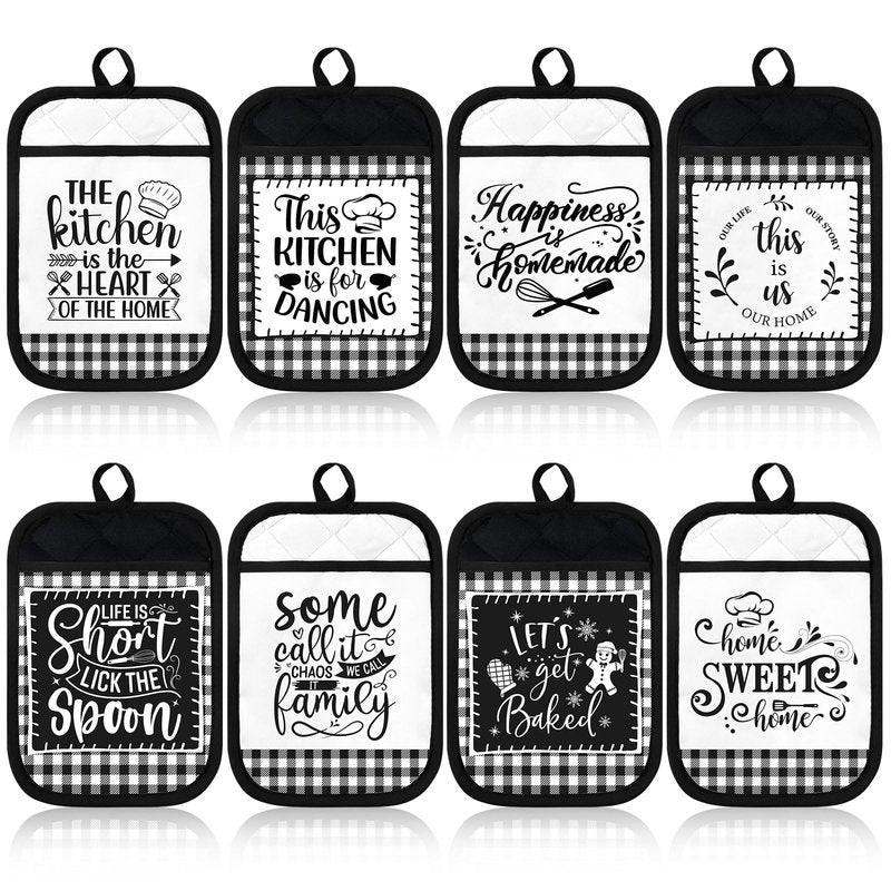 8 Pcs Pot Holders with Pocket Farmhouse Kitchen Black White Decoration Home Sweet Potholder Hot Pad Oven Mitt Cookie Bag Oven Gloves Heat Resistant for Kitchen Decoration Baking Cooking Gift Microwave