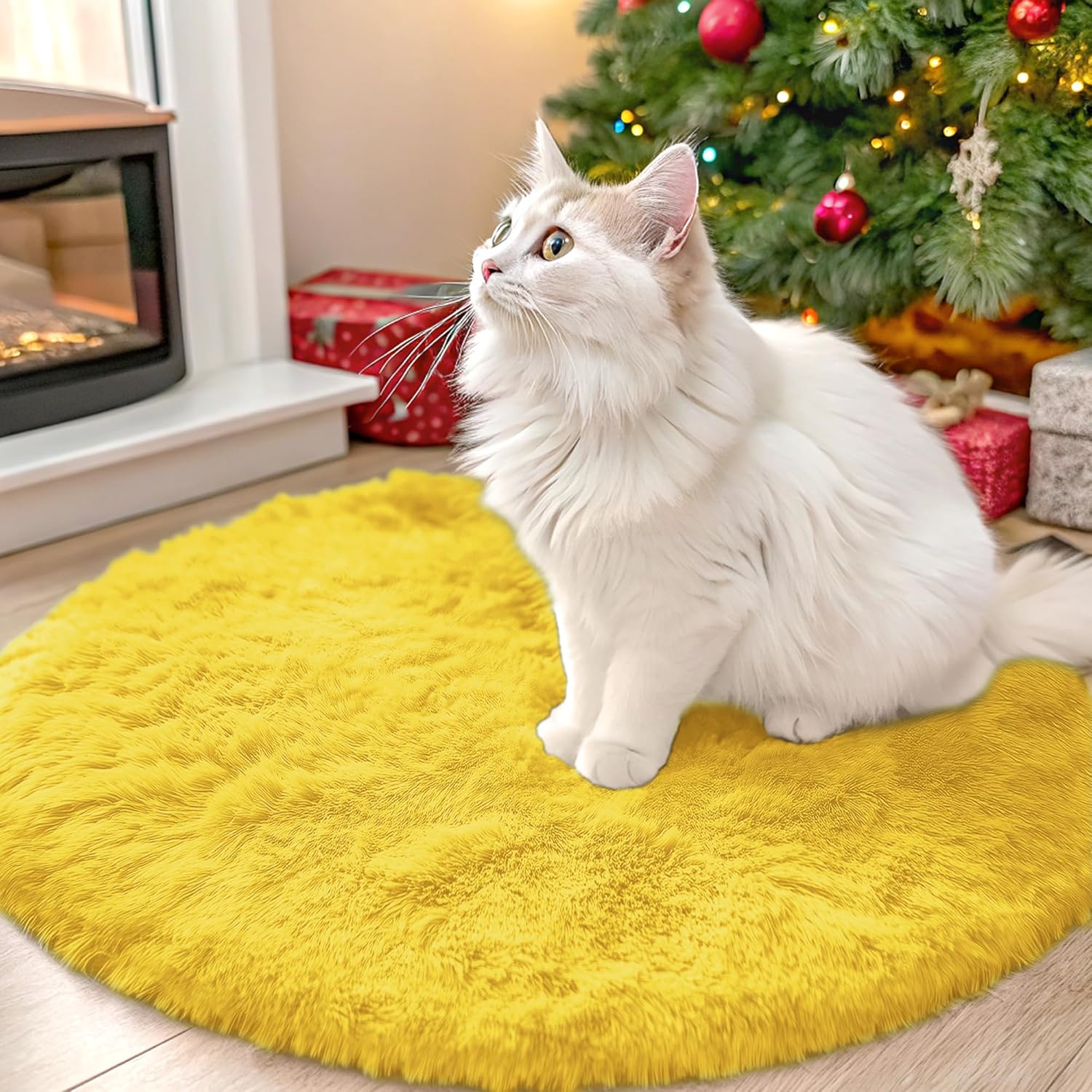 OLANLY Yellow Round Rug - Soft, Fluffy Shaggy Carpet for Bedroom | 2 ft Circle Area Rug for Teens & Nursery