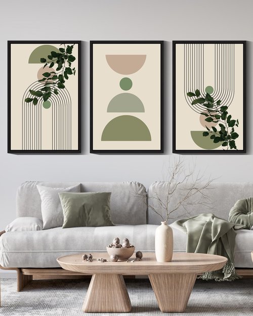 Drsoum 16x24in Green Botanical Boho Wall Decor Framed Modern Sage Bohemian Wall Art Abstract Geometry Canvas Prints Ready to Hang Black Framed