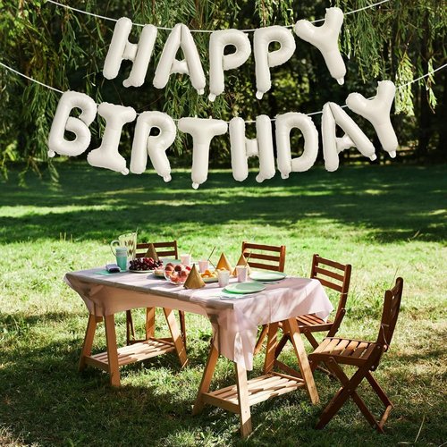Happy Birthday Balloon Banner by Cream - Neutral Beige Foil Balloons | 16 Inch Ivory White Party Decor