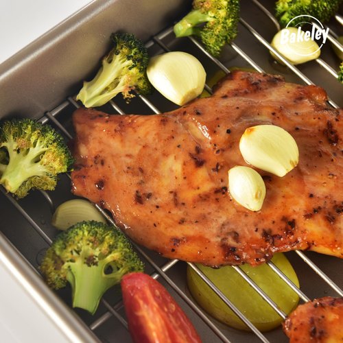 Bakeley 13-Inch Nonstick Roasting Baking Pan with Wire Rack(1Pan & 1Rack), Non-Stick Rectangular Deep Dish Oven-BBQ Bakeware for Oven Baking 13.78" x 9.84" x 2.36" (Champagne Gold)