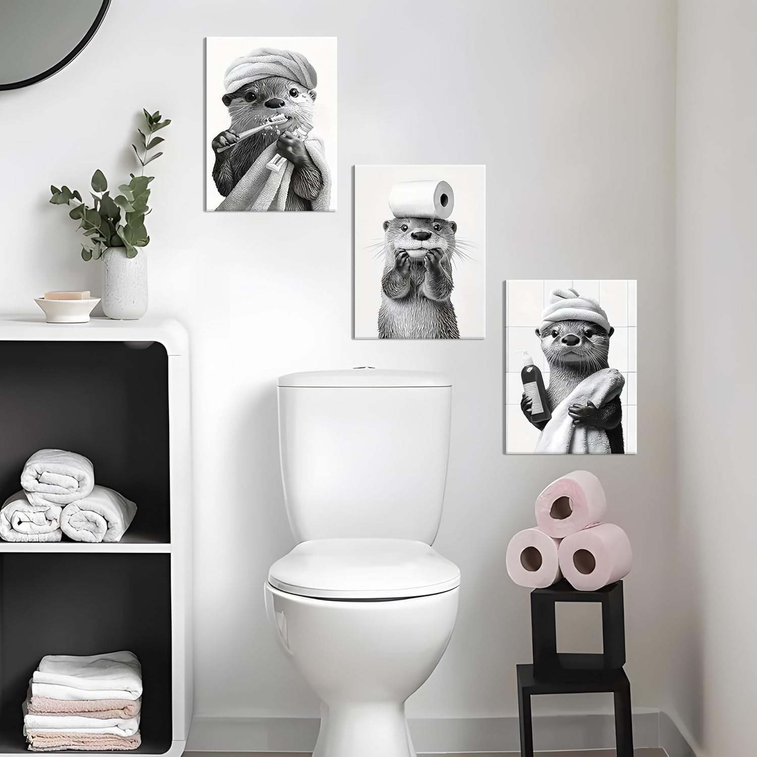 Otter Canvas Wall Art Set by Cute Bathroom | Funny Black and White Prints for Farmhouse Decor | 12x16 Inch
