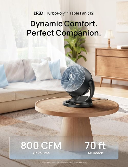 DREO 12-Inch Table Fan - 70ft Powerful Airflow, 25dB Quiet Operation, 120° Adjustable Tilt, 3 Speeds