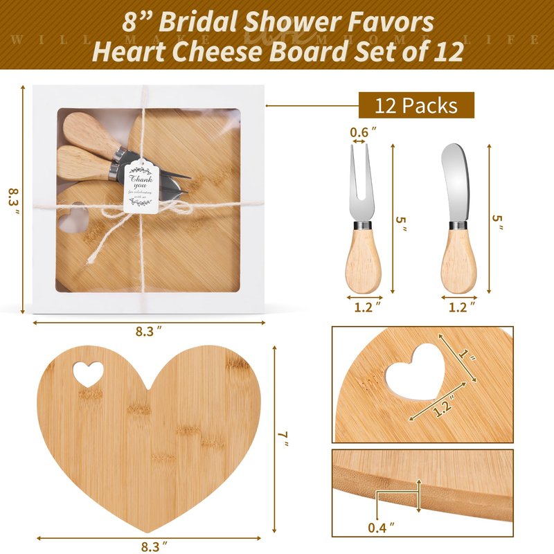 Defined Deco 12 Set Heart Cheese Board Cheese Knives Wood Mini Charcuterie Board,8.3x7 Inch Mini Charcuterie Boards with Knives,for Guest Bridal Baby Shower Prize Wedding Birthday Valentines Day