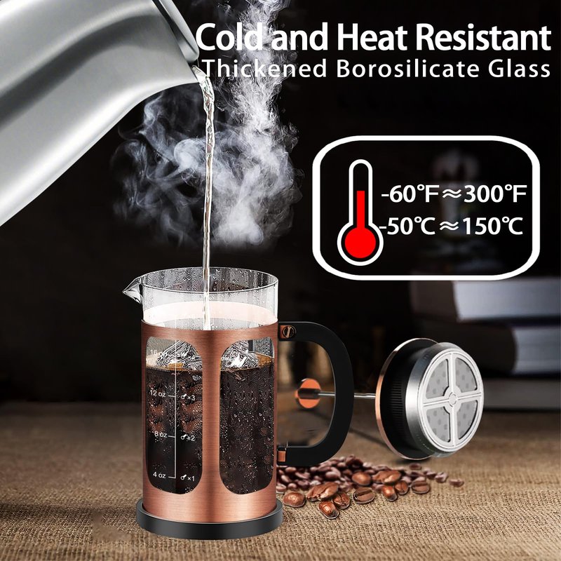 YMMIND French Press Coffee Maker (21oz 600ML 3-4Cup) Coffee Press, with 4 Filters System, Heat Resistant Thickness Borosilicate Glass, Cold Brew Coffee Tea Pot Gifts (Copper)