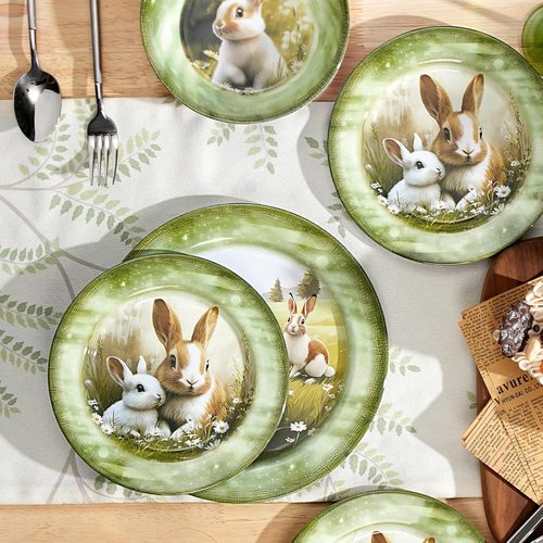 Green Bunny 12-Piece Melamine Dinnerware Set - Lightweight Shatterproof Plates & Bowls for 4, Ideal for Picnics & Outdoor Parties