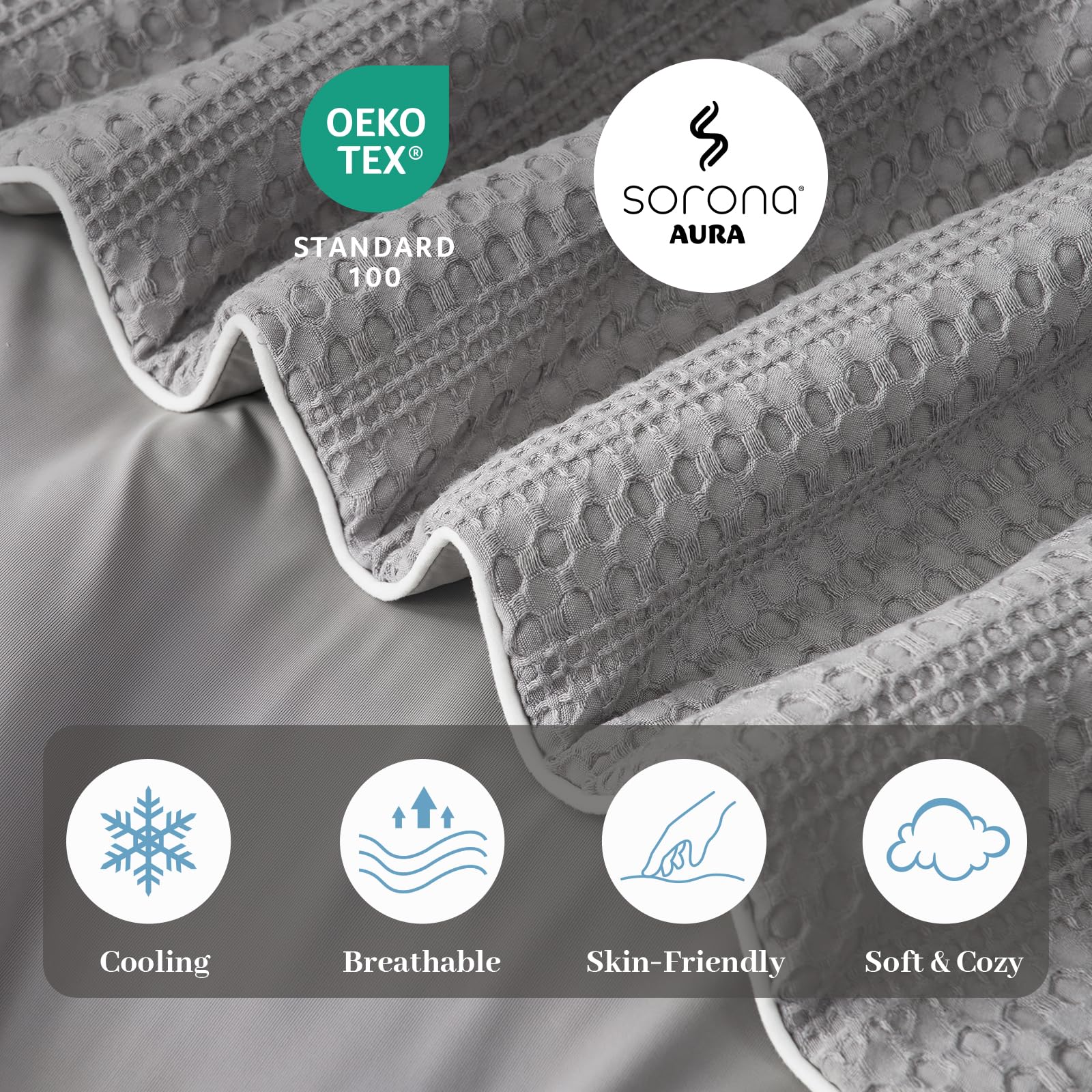 Amélie Home Waffle Cooling Comforter Queen Size, Q-Max 0.45 Reversible Lightweight Cooling Blanket for Hot Sleepers, Breathable Bedding for Night Sweats, 90"x90", Cool Gray