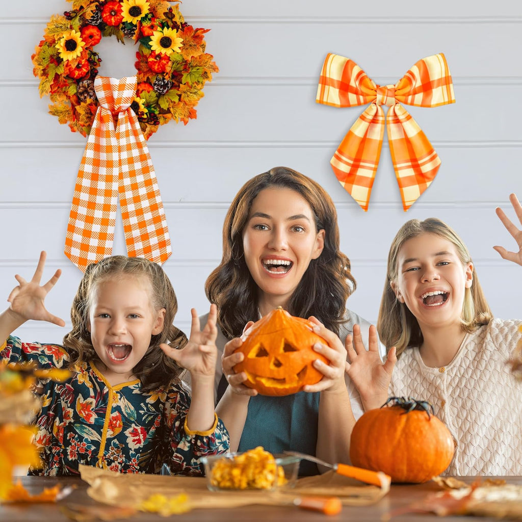 WATINC Wreath Sash - Autumn Orange 2-Piece Buffalo Check DIY Bow for Front Door Decor | Thanksgiving Satin Sash (56'' x 4.5'')
