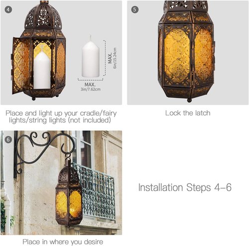 Lewondr Metal Glass Ramadan Candle Lantern - Moroccan Style Portable Hanging Lamp for Home & Garden - Copper & Yellow