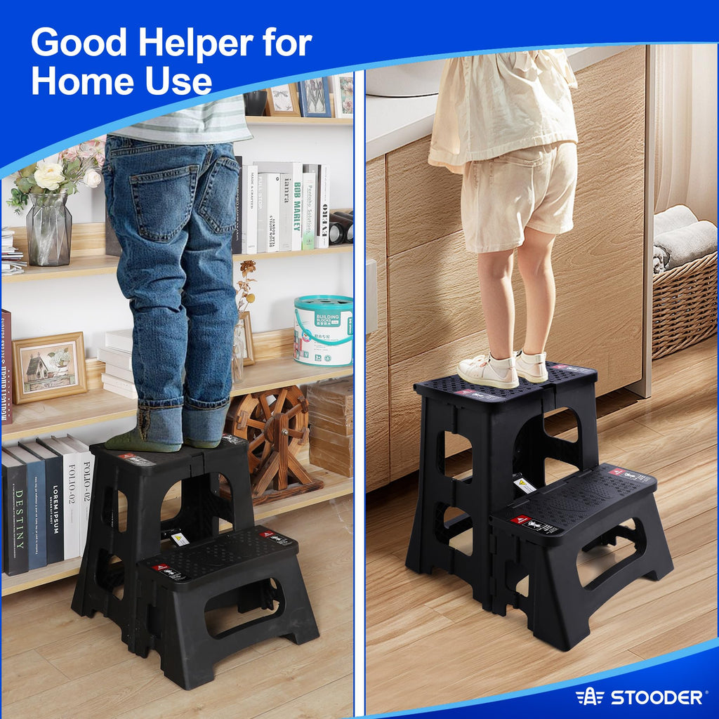 STOODER Folding 2-Step Stool - Upgraded Stable A-Frame, Safety Lock, Anti-Slip Rubber Feet, 300lb Capacity, No Assembly - 8" 17" Step Stools for Kitchen, Bathroom, Bed, RV, Home, Office (Black)