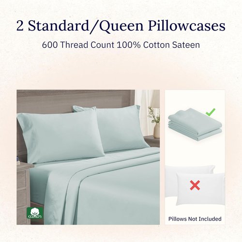 California Design Den Luxuriously Soft 600 Thread Count Cotton Pillowcases - Set of 2, Seafoam Color