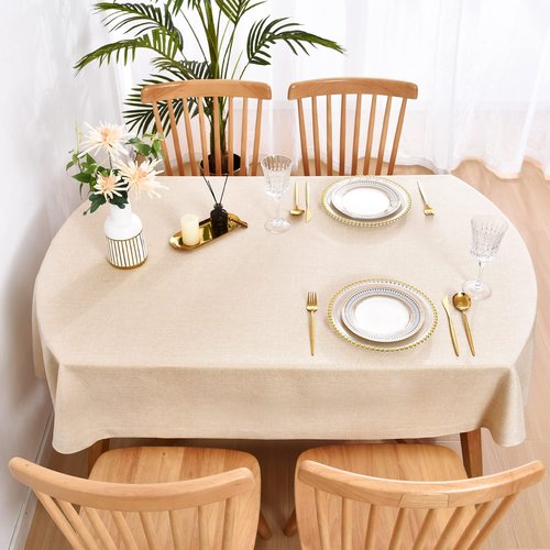Wolkemer Faux Linen Oval Tablecloth Heavy Duty Wrinkle Resistant Fabric Table Cloths 60 x 84 Inch Beige Farmhouse Rustic Table Cover for Kitchen Dining Indoor Outdoor Tabletop Decoration