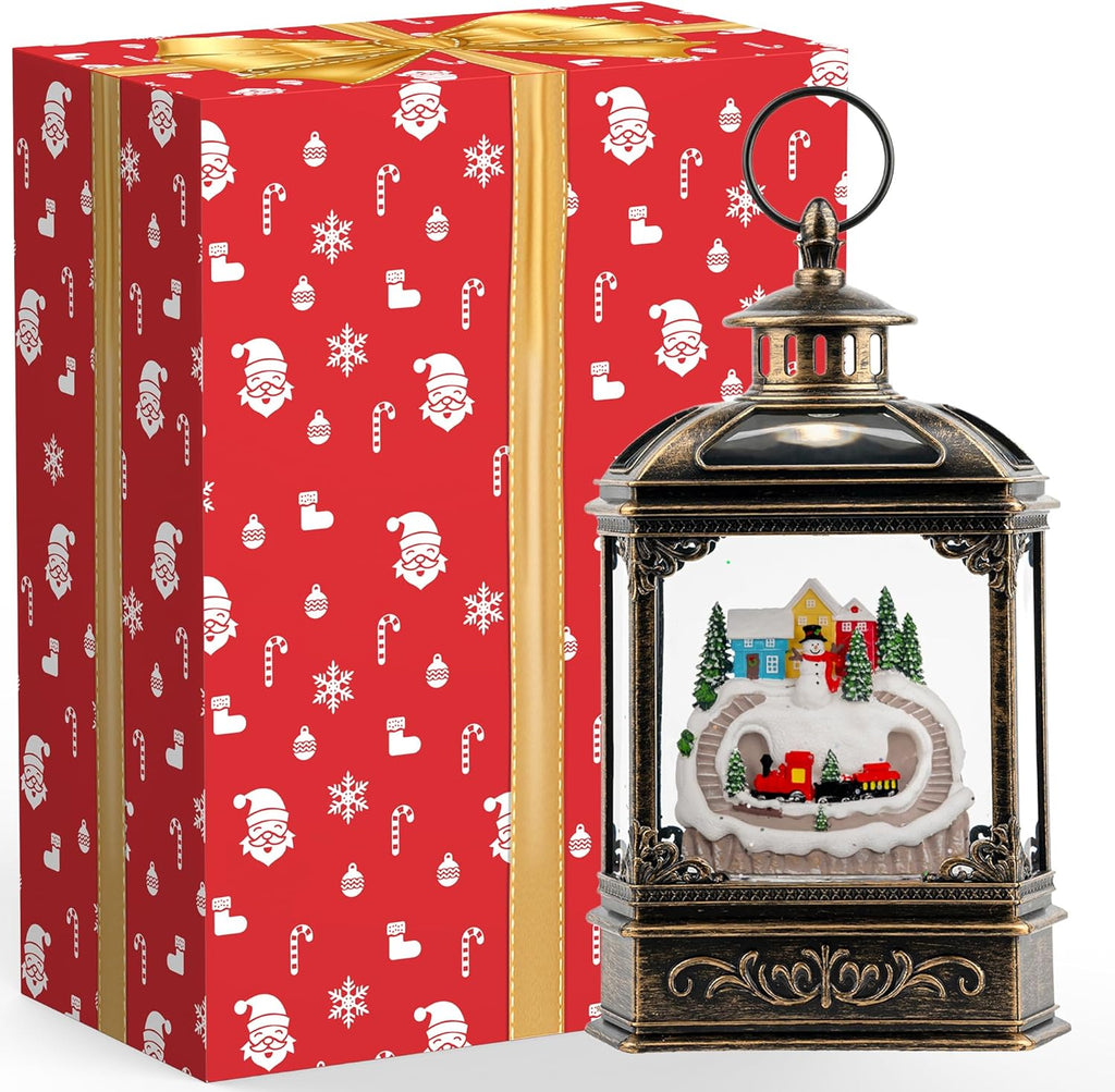 VISFLAIR Snow Globe Lantern - Musical Lighted Christmas Village with Snowman & Train | Battery Operated or USB Powered