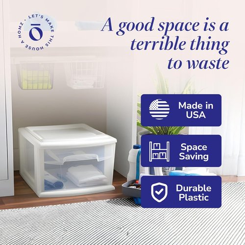 HOMZ 2-Pack Clear Plastic Storage Cart - 1-Drawer Organizers for Home, Bathroom, Office | 14.25" Wide, White Frame
